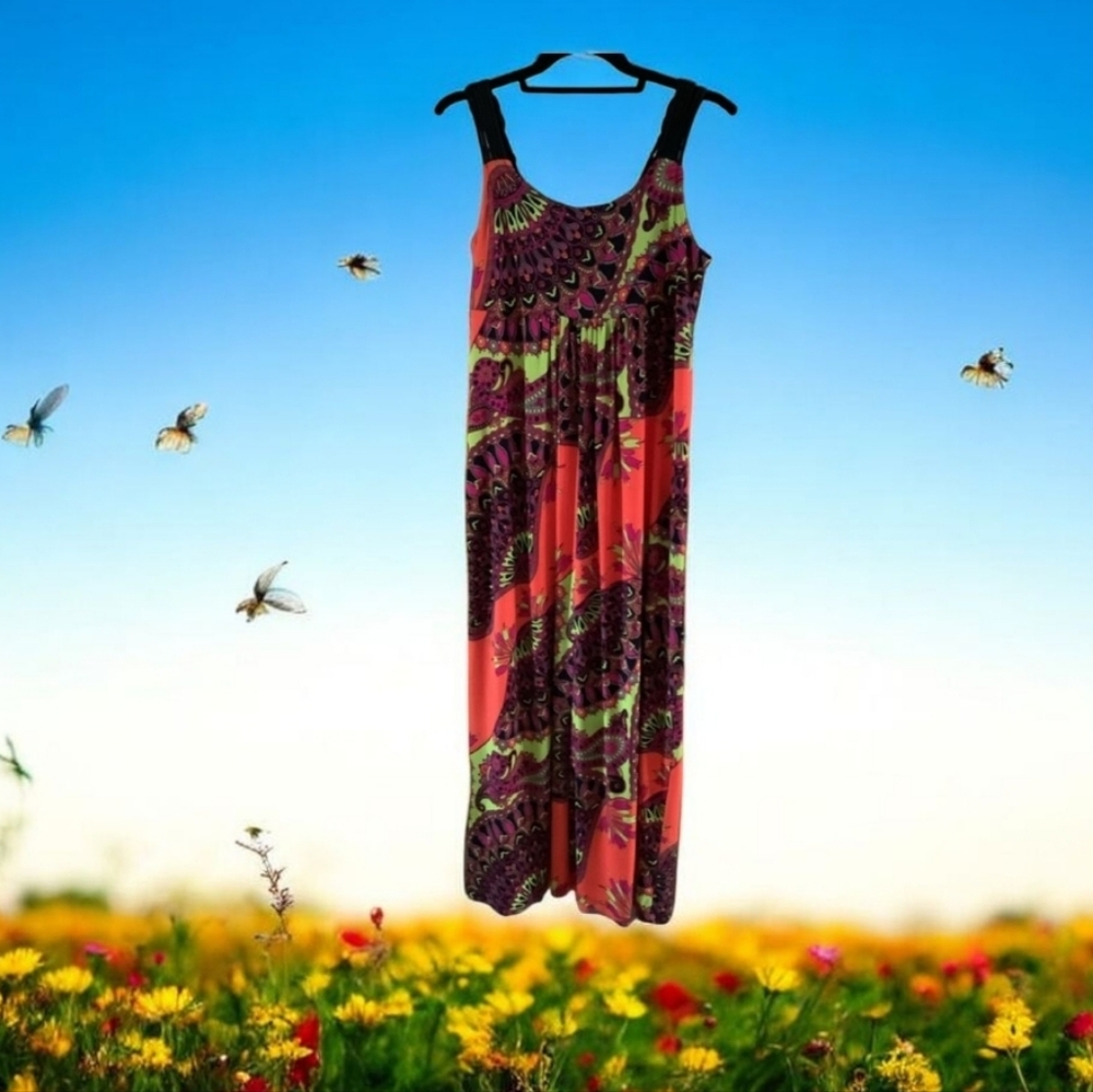 Emma & Michelle maxi dress Orange black pink size medium Stretchy and Fe…